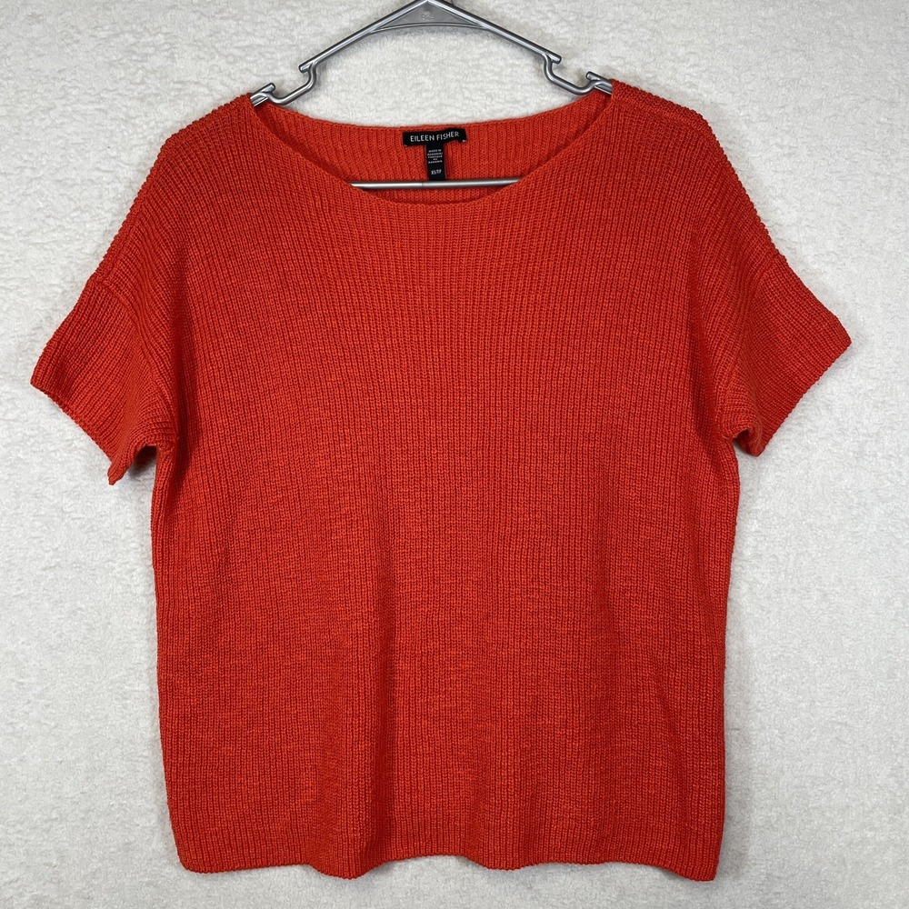 Eileen Fisher XS Organic Cotton Linen Short Sleeve Sweater Top Boat Neck Boxy